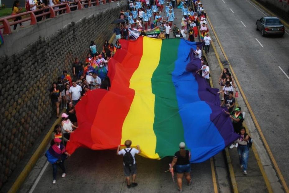 Arial view of large rainbow flag being carried down the street by a large crowd of people marching down the street
