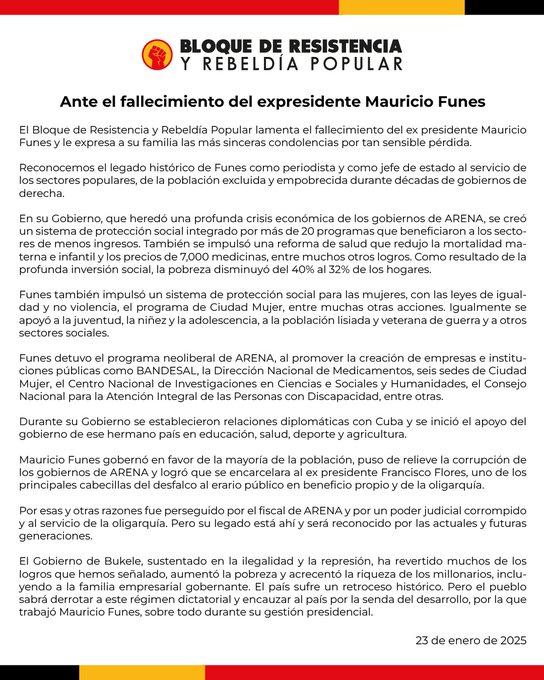 Statement, in Spanish, from the BRP on the death of Mauricio Funes