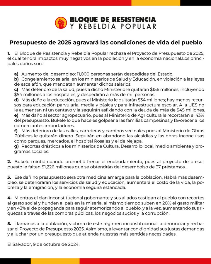 Spanish version of the Popular Resistance and Rebellion Bloc's Statement on the 2025 budget bill