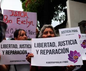 Feminists protest outside a courthouse in San Salvador, demanding "freedom, justice, and reparation" for women unjustly prosecuted under El Salvador's harsh abortion laws 