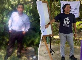 Two photos spliced together with a man in a white shirt and black pants in front of plants on the left and a young man on the right in front of a blackboard