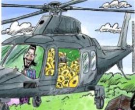 Cartoon of Bukele flying a helicopter full of money and gold