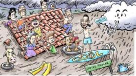 Equipo Maiz cartoon showing Bukele surfing a wave that is flooding a community with people sheltered on the roof of their house