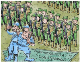 Political cartoon of soldiers and policemen in formation while the police take a selfie in front of a banner that reads "Welcome to Chalatenango"