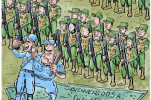 Political cartoon of soldiers and policemen in formation while the police take a selfie in front of a banner that reads "Welcome to Chalatenango"