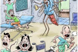 Cartoon of a mosquito dressed as a doctor in a hospital asking scared patients, in Spanish, "Who's next?"